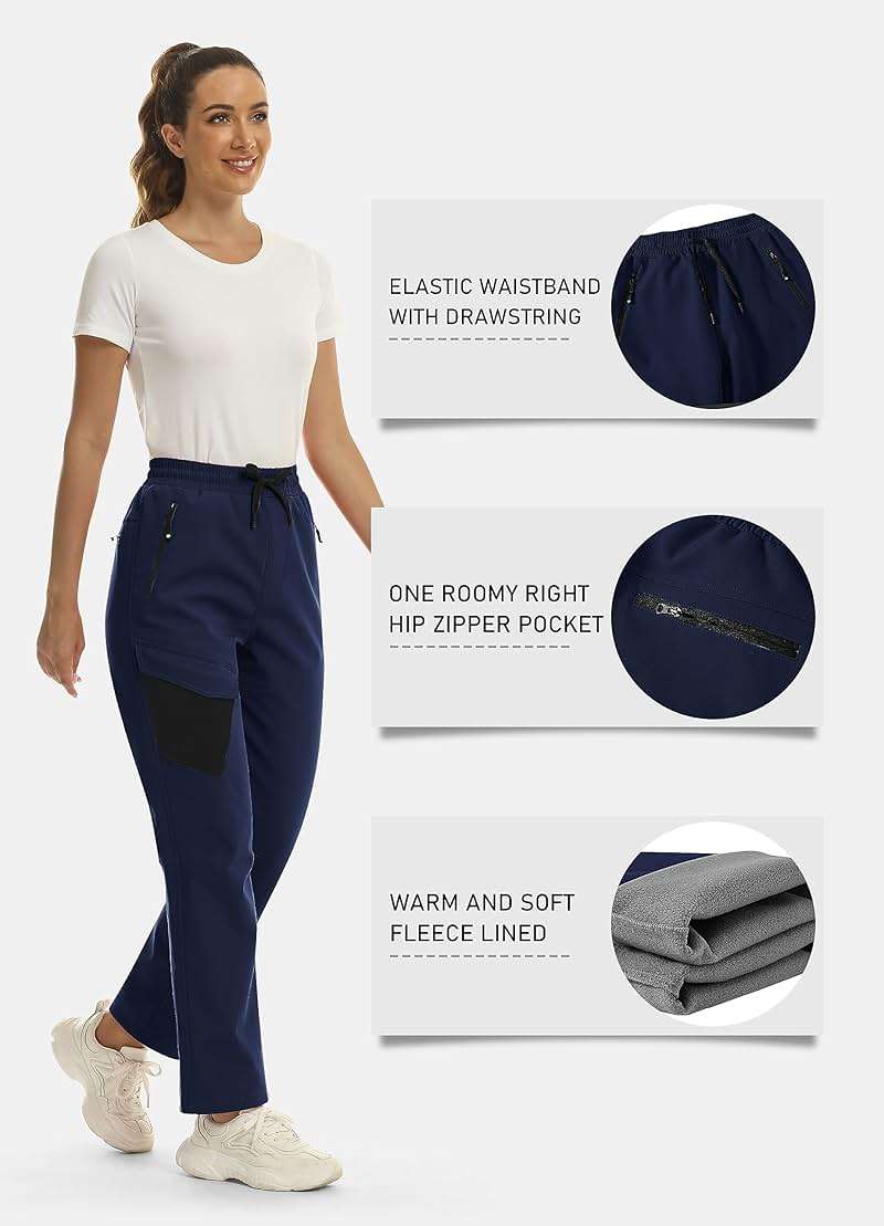 MoFiz Women's Waterproof Windproof Ski Snow Hiking Cargo Pants Warm Fleece Lined Elastic Waisted Zipper Pockets Winter - Image 4