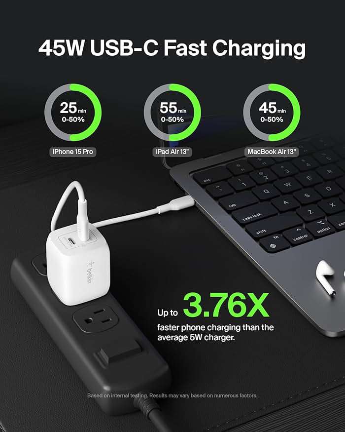 Belkin 45W Dual USB C Charger Block, Super Fast Charging PD3.0 w/ GaN Technology - Samsung Galaxy S25, Apple iPhone 17, Air, Pro, Pro Max, iPad, MacBook, AirPods, Nintendo Switch 2 & More - White - Image 2