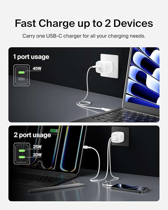 Belkin 45W Dual USB C Charger Block, Super Fast Charging PD3.0 w/ GaN Technology - Samsung Galaxy S25, Apple iPhone 17, Air, Pro, Pro Max, iPad, MacBook, AirPods, Nintendo Switch 2 & More - White - Image 3