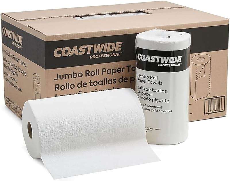 Coastwide Professional Jumbo Kitchen Paper Towels - 2-Ply, Absorbent, 250 Sheets per Roll, 12-Pack, White for Cleaning & Drying - Image 1