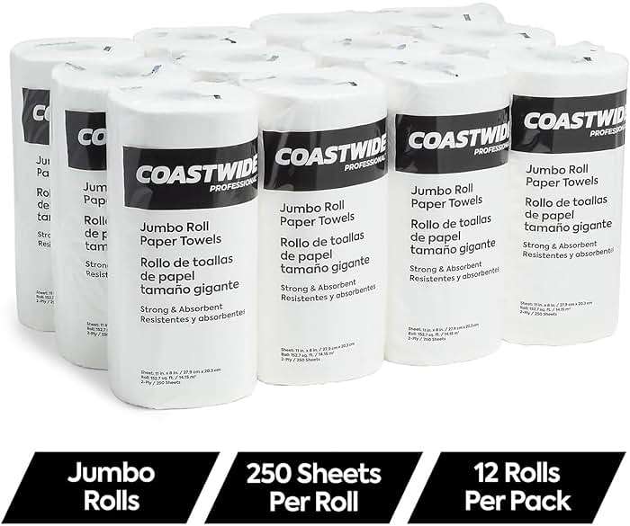Coastwide Professional Jumbo Kitchen Paper Towels - 2-Ply, Absorbent, 250 Sheets per Roll, 12-Pack, White for Cleaning & Drying - Image 3