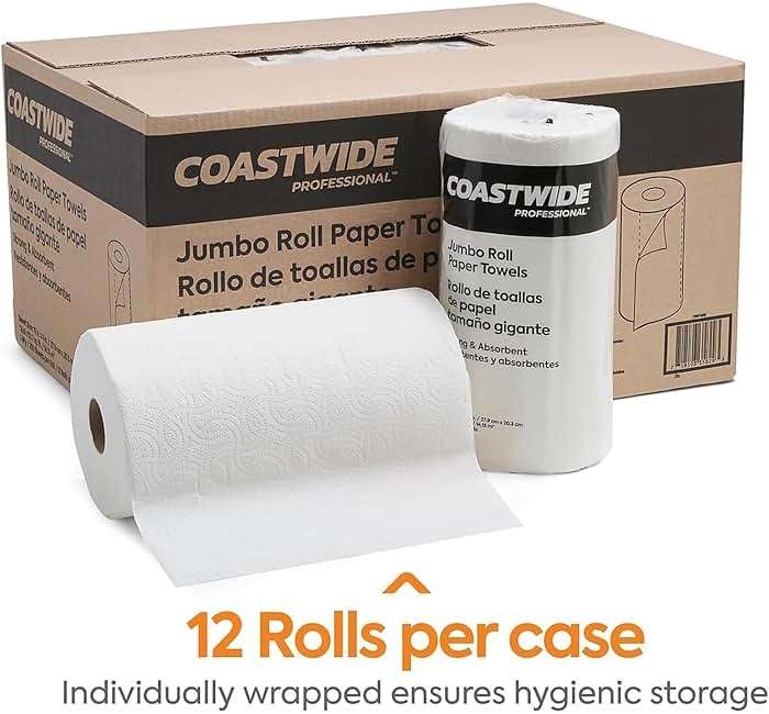 Coastwide Professional Jumbo Kitchen Paper Towels - 2-Ply, Absorbent, 250 Sheets per Roll, 12-Pack, White for Cleaning & Drying - Image 4