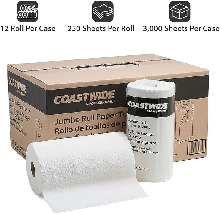 Coastwide Professional Jumbo Kitchen Paper Towels - 2-Ply, Absorbent, 250 Sheets per Roll, 12-Pack, White for Cleaning & Drying - Image 8