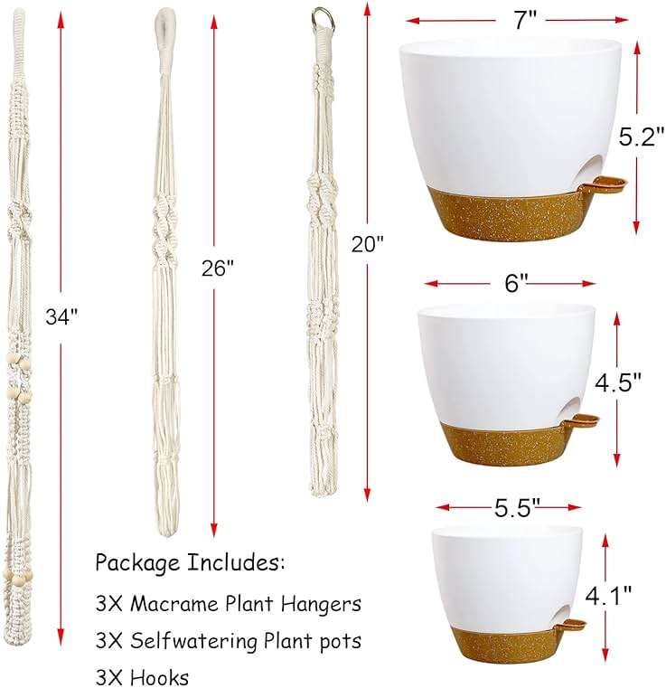 Bouqlife Hanging Planters with Macrame Plant Hangers for Indoor Outdoor Plants 3 Set Self Watering Pots Hanging Baskets Flower Pot Holders 3 Different Size - Image 2
