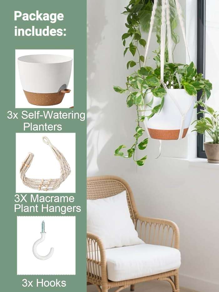 Bouqlife Hanging Planters with Macrame Plant Hangers for Indoor Outdoor Plants 3 Set Self Watering Pots Hanging Baskets Flower Pot Holders 3 Different Size - Image 5