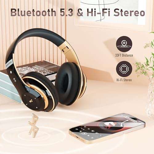 Falebare Bluetooth Headphones Over Ear, 6S Wireless Headphones Wired with 6 EQ Modes, 40 Hours Playtime Foldable HiFi Stereo Headset with Microphone, FM/TF for Cellphone/PC/Work (Black & Gold) - Image 2