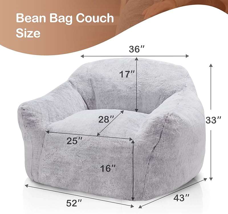 Homguava Beanbag Chair Bean Bag Chairs for Adults Bean Bags Giant Bean Bag Sofa with Spacious Cushion Bean Bag Couch with Armrest Large Bean Bag Chair with Filler for Living Room Bedroom (Light Grey) - Image 2
