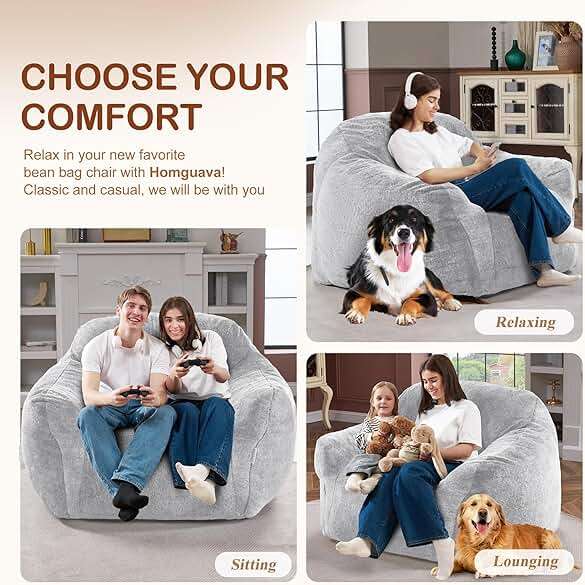 Homguava Beanbag Chair Bean Bag Chairs for Adults Bean Bags Giant Bean Bag Sofa with Spacious Cushion Bean Bag Couch with Armrest Large Bean Bag Chair with Filler for Living Room Bedroom (Light Grey) - Image 5