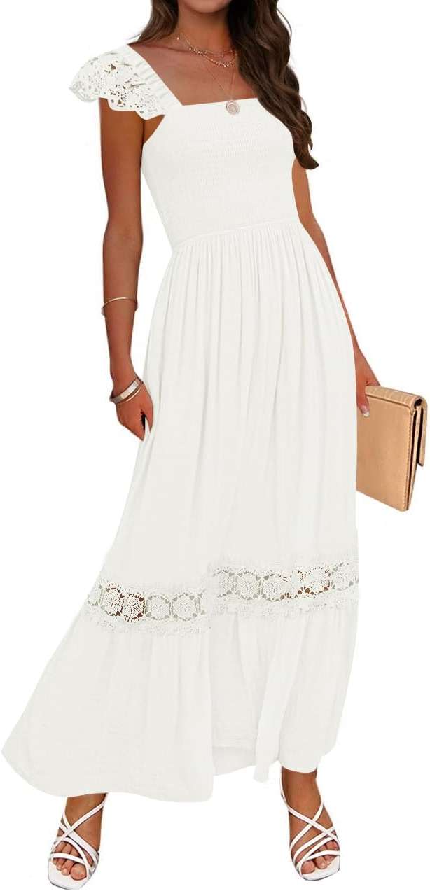 ZESICA Women's 2026 Summer Lace Strap Sleeveless Square Neck Smocked High Waist Ruffle Hollow Out Flowy A Line Maxi Dress - Image 1