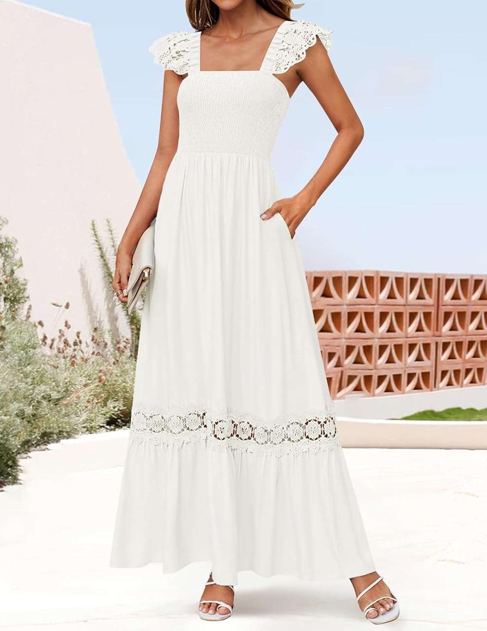ZESICA Women's 2026 Summer Lace Strap Sleeveless Square Neck Smocked High Waist Ruffle Hollow Out Flowy A Line Maxi Dress - Image 2