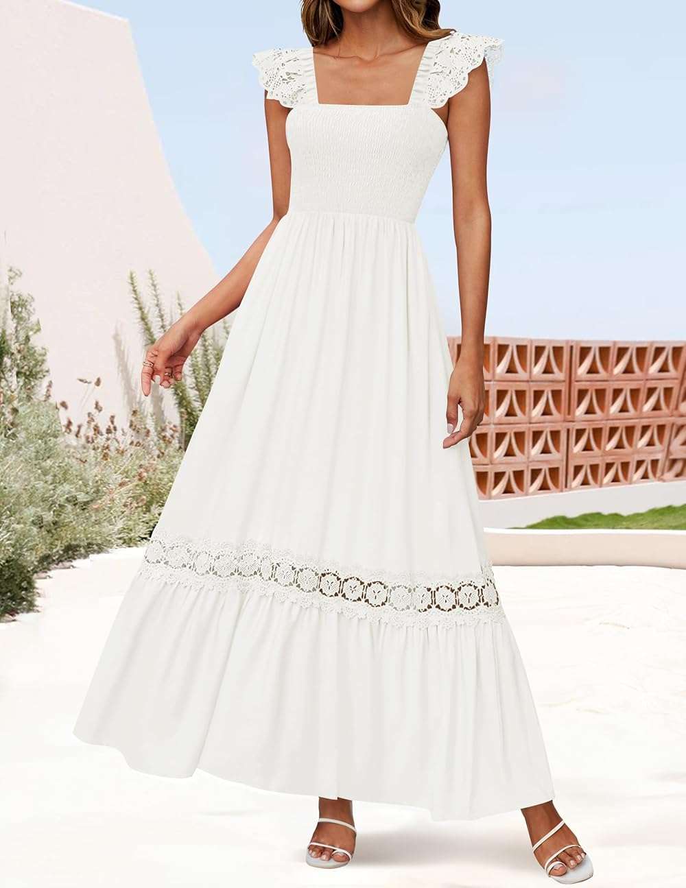 ZESICA Women's 2026 Summer Lace Strap Sleeveless Square Neck Smocked High Waist Ruffle Hollow Out Flowy A Line Maxi Dress - Image 3