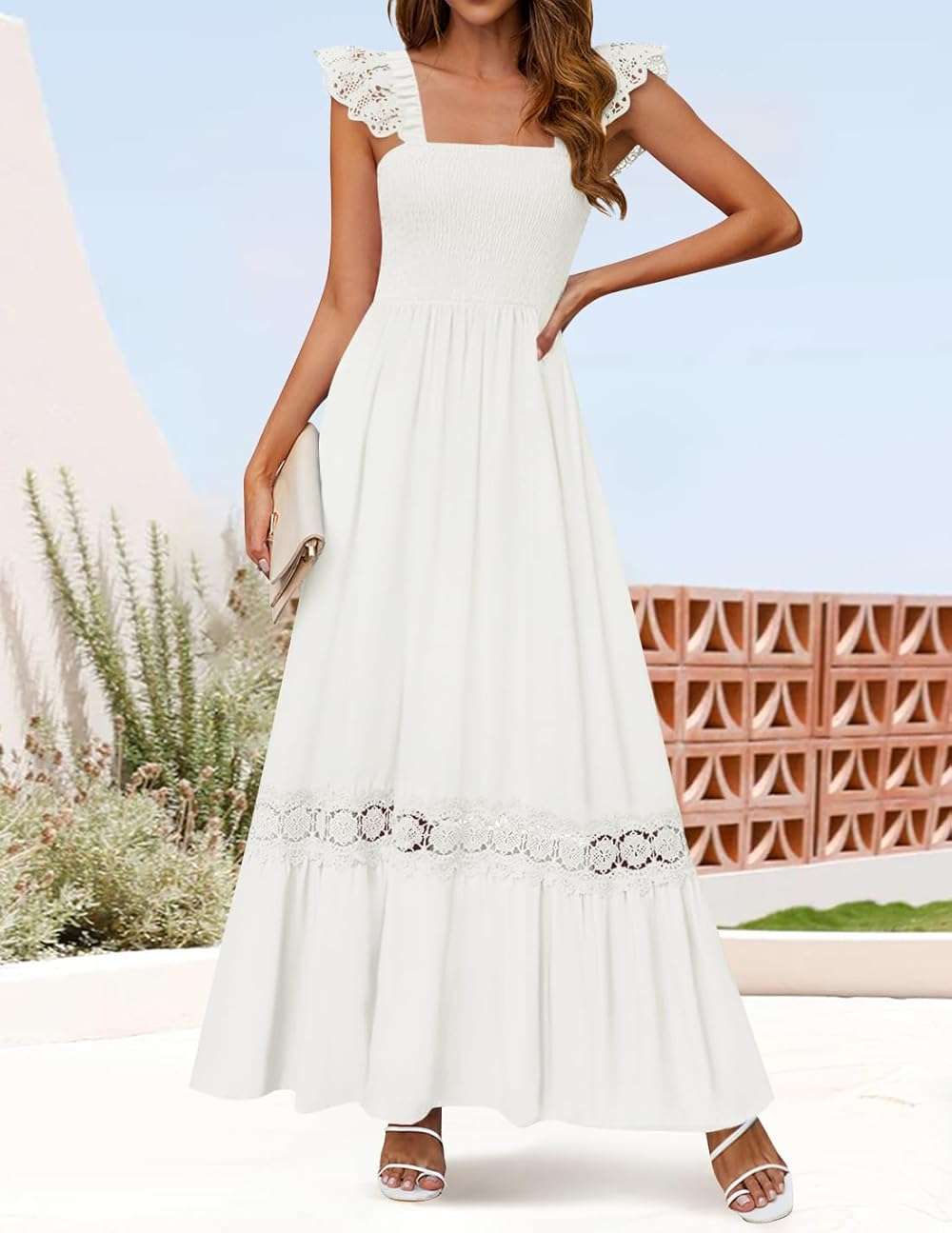 ZESICA Women's 2026 Summer Lace Strap Sleeveless Square Neck Smocked High Waist Ruffle Hollow Out Flowy A Line Maxi Dress - Image 4