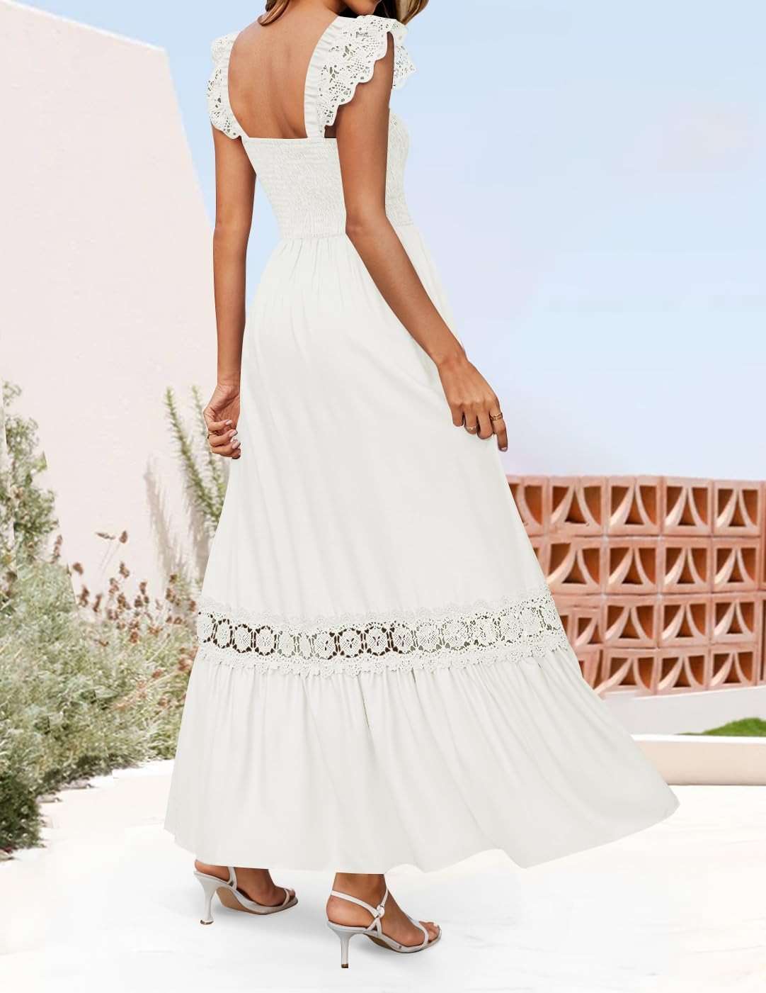 ZESICA Women's 2026 Summer Lace Strap Sleeveless Square Neck Smocked High Waist Ruffle Hollow Out Flowy A Line Maxi Dress - Image 5