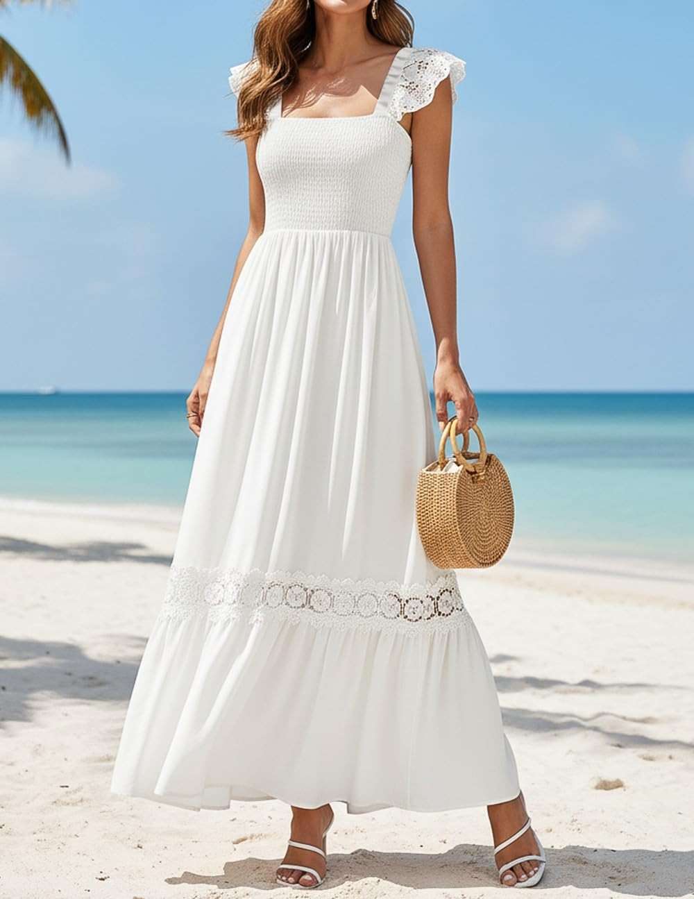 ZESICA Women's 2026 Summer Lace Strap Sleeveless Square Neck Smocked High Waist Ruffle Hollow Out Flowy A Line Maxi Dress - Image 6