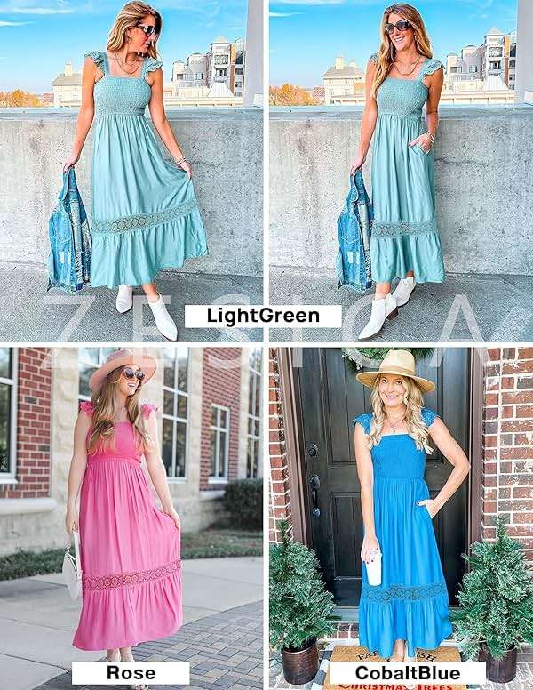 ZESICA Women's 2026 Summer Lace Strap Sleeveless Square Neck Smocked High Waist Ruffle Hollow Out Flowy A Line Maxi Dress - Image 7