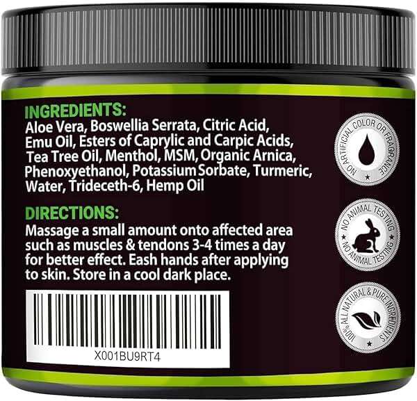 Hemp Cream - Maximum Strength - Natural Hemp Oil Extract Gel Rub with MSM - Glucosamine - Arnica - Turmeric - Maximum Strength - Formulated in USA - 3.9 oz - Image 4