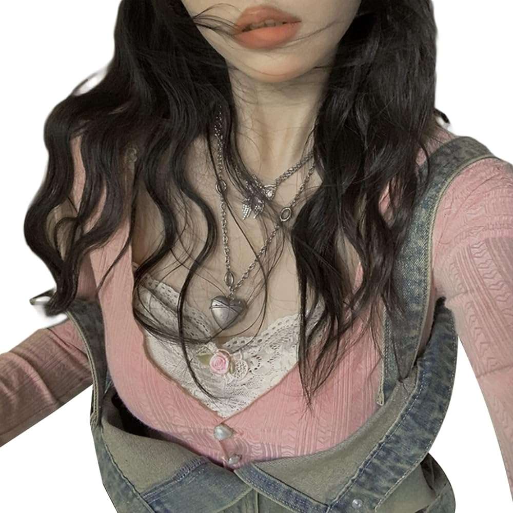 Fanvereka Women Lace Stitching V-Neck Fairy Crop Tops Y2K Long Sleeve Tight Shirt Spring Fall Downtown Girl Coquette Clothing - Image 2