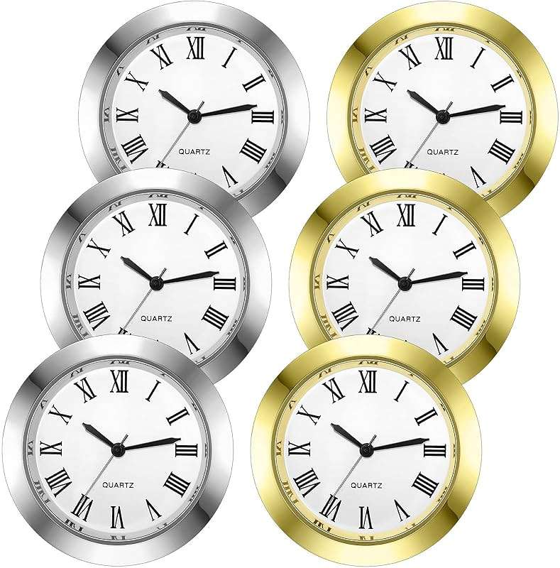 Outus 6 Pack Mini Clock Insert 1.5 Inch (37 mm) Replacement Round Quartz Movement Clock Faces for Crafts White Dial Gold Silver Tone Bezel with Roman Numerals Fit 1.4 Inch Diameter Hole - Image 1