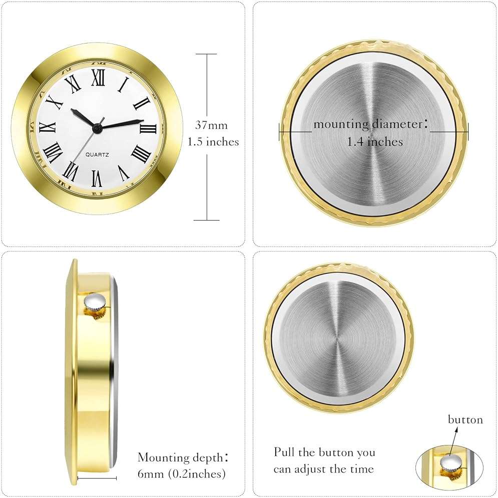 Outus 6 Pack Mini Clock Insert 1.5 Inch (37 mm) Replacement Round Quartz Movement Clock Faces for Crafts White Dial Gold Silver Tone Bezel with Roman Numerals Fit 1.4 Inch Diameter Hole - Image 3