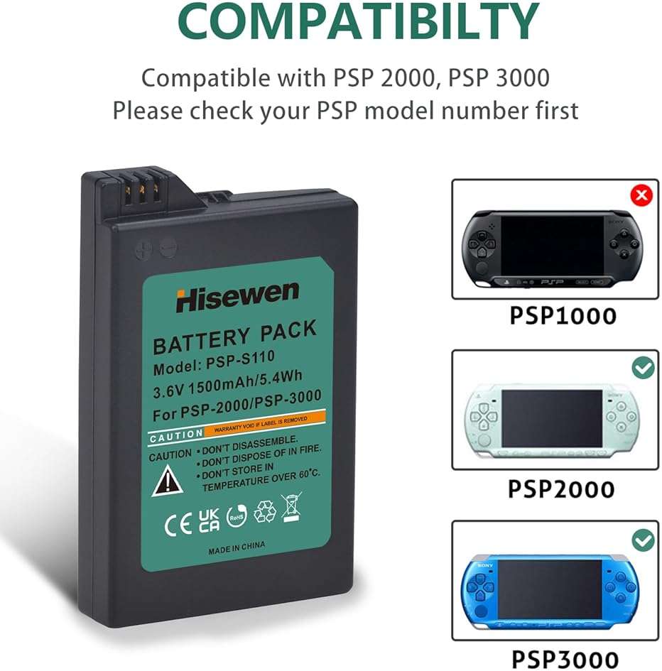 Hisewen PSP 3000 Battery with PSP Charger Cable for Sony PSP 3000 / PSP Slim 2000 PSP-S110, PSP-3001, PSP-3000, PSP-3002, PSP-3004, PSP-2001, PSP Slim Console - Image 2
