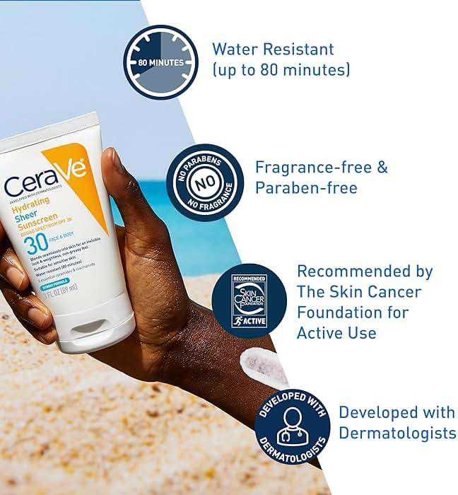 CeraVe Hydrating Sheer Sunscreen with SPF 30 for Face and Body, Mineral & Chemical Sunscreen for Men & Women with Zinc Oxide, Hyaluronic Acid and Ceramides, Paraben-Free + Fragrance-Free, 3 Ounces - Image 4