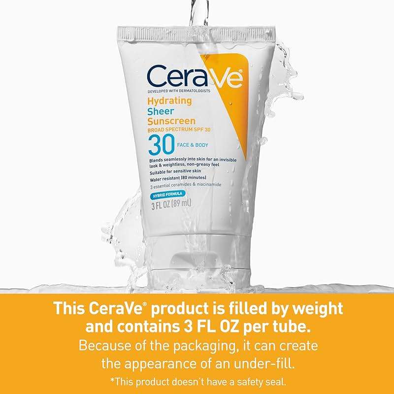 CeraVe Hydrating Sheer Sunscreen with SPF 30 for Face and Body, Mineral & Chemical Sunscreen for Men & Women with Zinc Oxide, Hyaluronic Acid and Ceramides, Paraben-Free + Fragrance-Free, 3 Ounces - Image 8