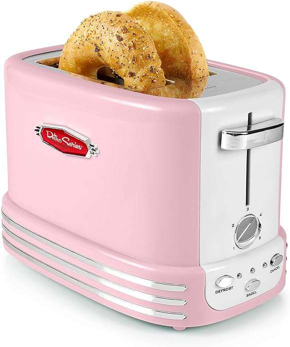 Nostalgia Retro Wide 2-Slice Toaster, Vintage Design With Crumb Tray, Cord Storage & 5 Toasting Levels, Pink - Image 1