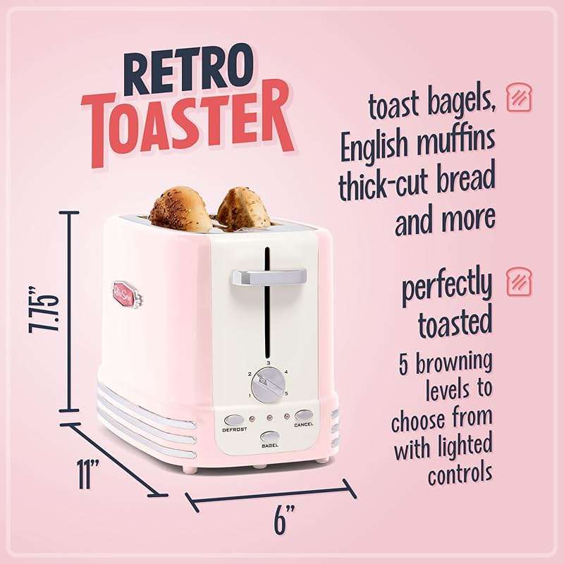 Nostalgia Retro Wide 2-Slice Toaster, Vintage Design With Crumb Tray, Cord Storage & 5 Toasting Levels, Pink - Image 3