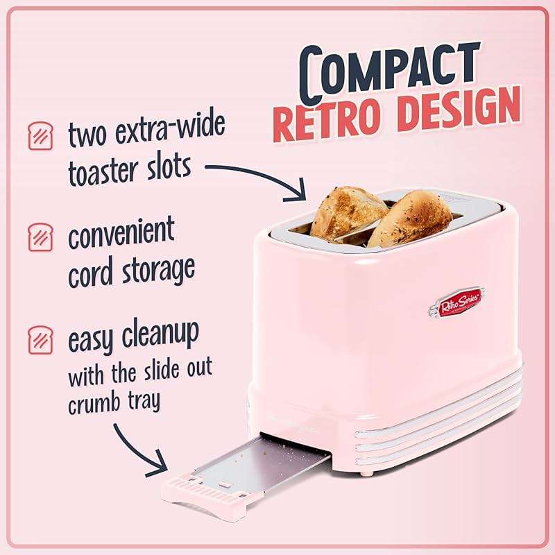 Nostalgia Retro Wide 2-Slice Toaster, Vintage Design With Crumb Tray, Cord Storage & 5 Toasting Levels, Pink - Image 4