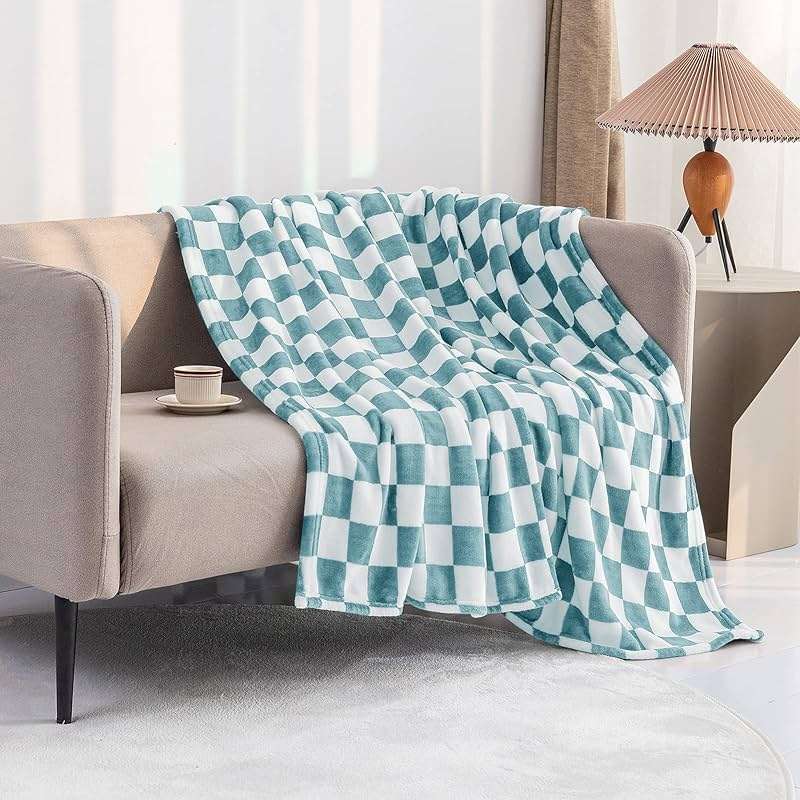 LOMAO Throw Blankets Flannel Blanket with Checkerboard Grid Pattern Soft Throw Blanket for Couch, Bed, Sofa Luxurious Warm and Cozy for All Seasons (Light Blue, 50"x60") - Image 3