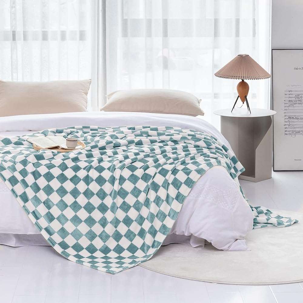 LOMAO Throw Blankets Flannel Blanket with Checkerboard Grid Pattern Soft Throw Blanket for Couch, Bed, Sofa Luxurious Warm and Cozy for All Seasons (Light Blue, 50"x60") - Image 6