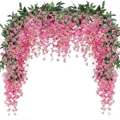 JUSTOYOU 3PCS 7FT 12 Stem Artificial Wisteria Vine Garland Fake Flower Wisteria Garlands for Outdoor Indoor Wedding Wall Bedroom Decoration(Fuchsia) - Image 1