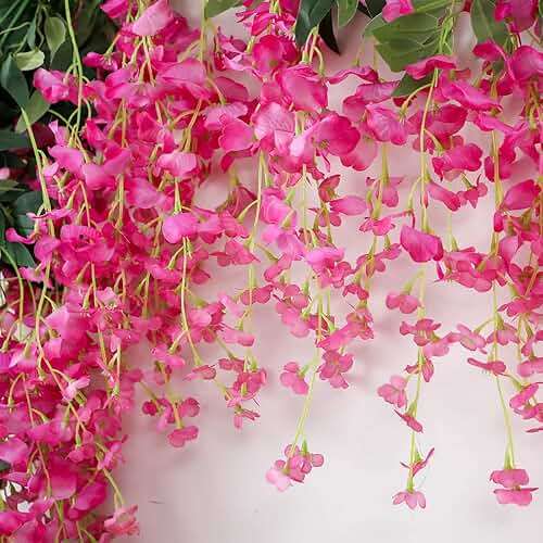 JUSTOYOU 3PCS 7FT 12 Stem Artificial Wisteria Vine Garland Fake Flower Wisteria Garlands for Outdoor Indoor Wedding Wall Bedroom Decoration(Fuchsia) - Image 5