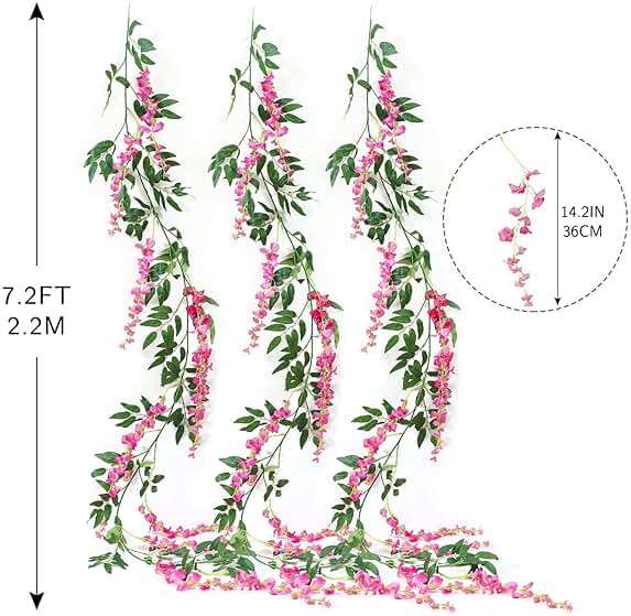 JUSTOYOU 3PCS 7FT 12 Stem Artificial Wisteria Vine Garland Fake Flower Wisteria Garlands for Outdoor Indoor Wedding Wall Bedroom Decoration(Fuchsia) - Image 6