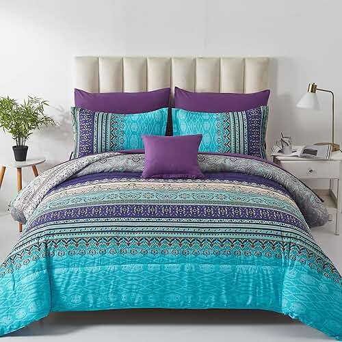 Cottolester Boho Comforter Set Queen Size 8 Piece Bed in a Bag Bohemian Striped Bedding Quilt Set Aqua Paisley Floral Comforter and Sheet Set,Soft Microfiber Complete Bedding Sets for All Season - Image 1