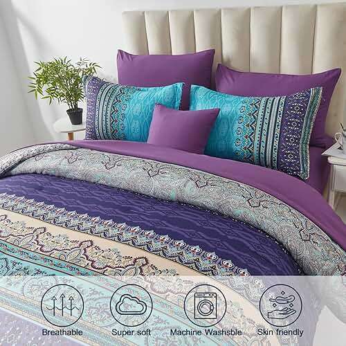 Cottolester Boho Comforter Set Queen Size 8 Piece Bed in a Bag Bohemian Striped Bedding Quilt Set Aqua Paisley Floral Comforter and Sheet Set,Soft Microfiber Complete Bedding Sets for All Season - Image 2