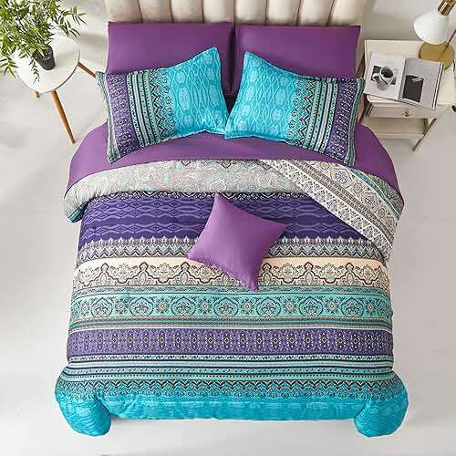 Cottolester Boho Comforter Set Queen Size 8 Piece Bed in a Bag Bohemian Striped Bedding Quilt Set Aqua Paisley Floral Comforter and Sheet Set,Soft Microfiber Complete Bedding Sets for All Season - Image 3