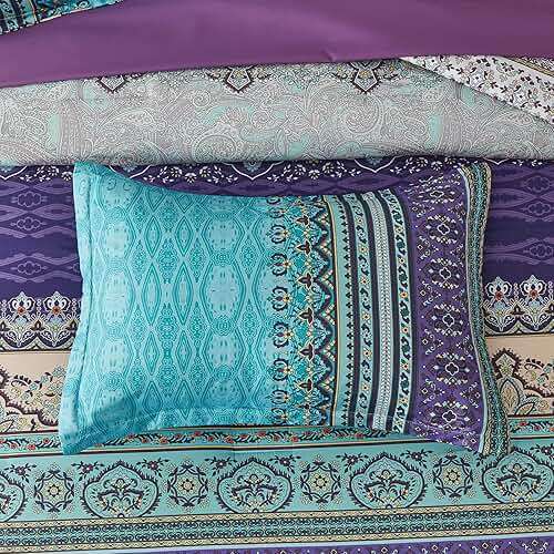 Cottolester Boho Comforter Set Queen Size 8 Piece Bed in a Bag Bohemian Striped Bedding Quilt Set Aqua Paisley Floral Comforter and Sheet Set,Soft Microfiber Complete Bedding Sets for All Season - Image 6