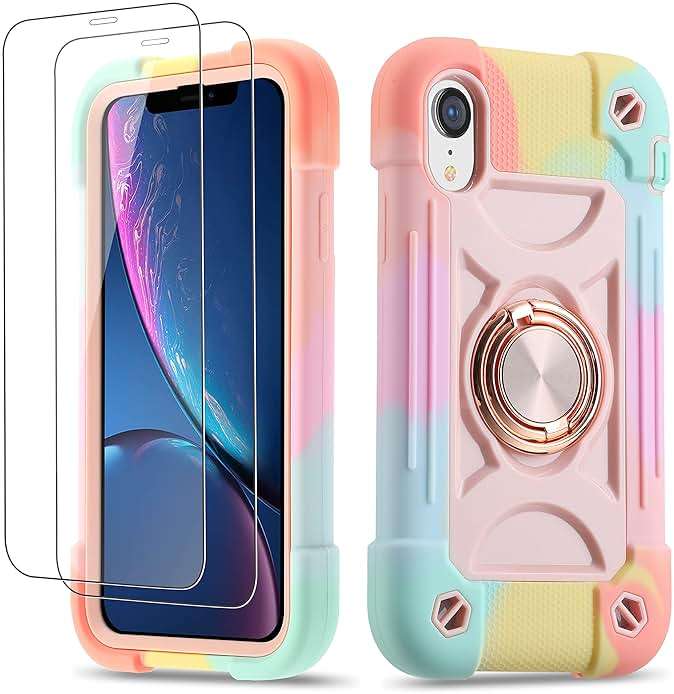 Cookiver for iPhone XR Case 6.1 Inch with Ring Stand, with 2 Pack Glass Screen Protector,Heavy-Duty Shockproof Rugged Military Grade Cover with Magnetic Car Mount for iPhone XR (Rainbow Pink) - Image 1