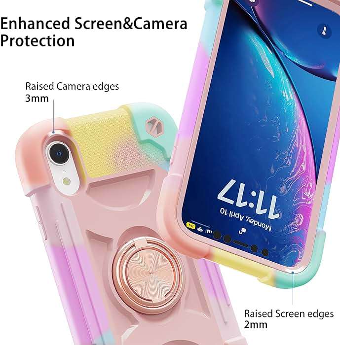 Cookiver for iPhone XR Case 6.1 Inch with Ring Stand, with 2 Pack Glass Screen Protector,Heavy-Duty Shockproof Rugged Military Grade Cover with Magnetic Car Mount for iPhone XR (Rainbow Pink) - Image 3
