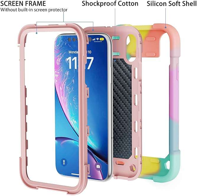 Cookiver for iPhone XR Case 6.1 Inch with Ring Stand, with 2 Pack Glass Screen Protector,Heavy-Duty Shockproof Rugged Military Grade Cover with Magnetic Car Mount for iPhone XR (Rainbow Pink) - Image 4
