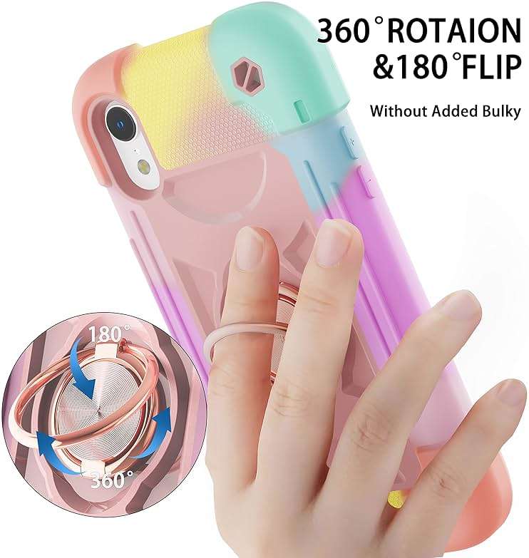 Cookiver for iPhone XR Case 6.1 Inch with Ring Stand, with 2 Pack Glass Screen Protector,Heavy-Duty Shockproof Rugged Military Grade Cover with Magnetic Car Mount for iPhone XR (Rainbow Pink) - Image 6