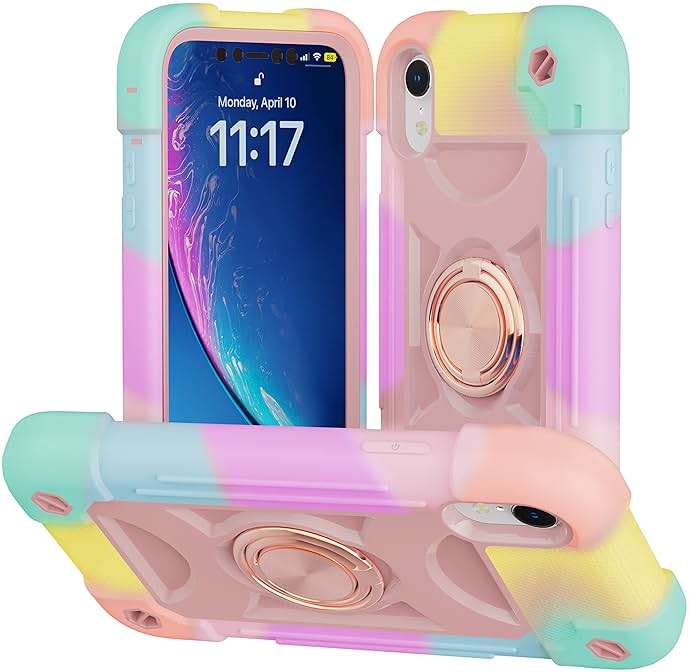 Cookiver for iPhone XR Case 6.1 Inch with Ring Stand, with 2 Pack Glass Screen Protector,Heavy-Duty Shockproof Rugged Military Grade Cover with Magnetic Car Mount for iPhone XR (Rainbow Pink) - Image 8