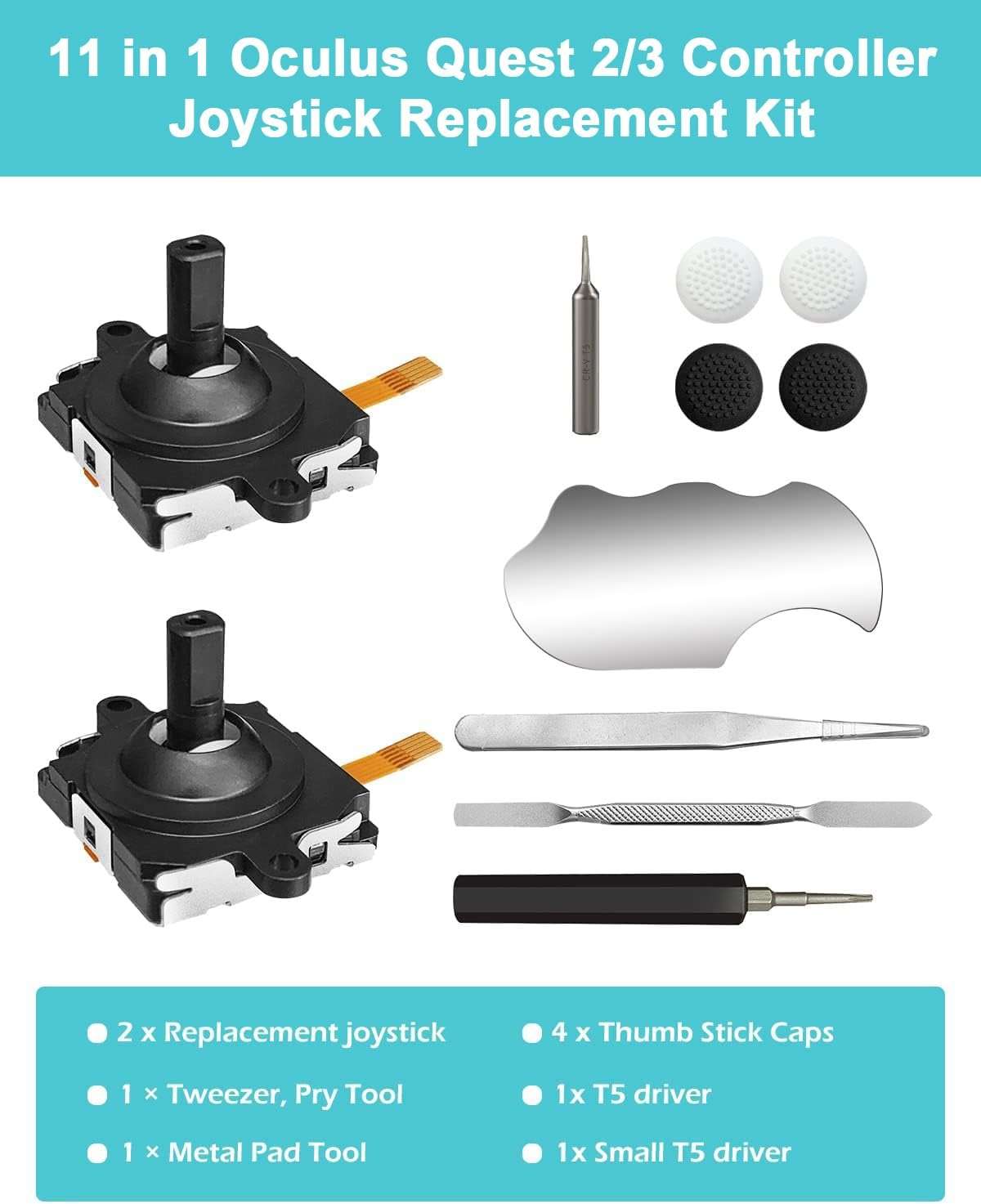 OLCLSS Joystick Replacement Kit for Oculus Quest 2 Controller, Repair Accessories for Meta Quest 3 Controller, Include 2 Joysticks, T5 Screwdriver, Tweezer, Pry Tool, 4 Thumbstick Grips - Image 6