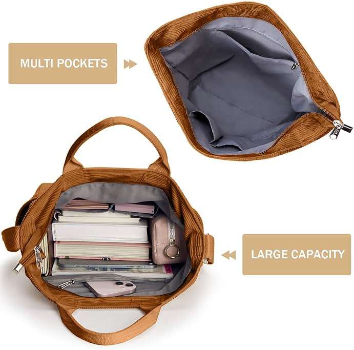 KALIDI Corduroy Tote Bag, Large Messenger Bag Shoulder Hobo Anti Splash Crossbody Zipper Bag Casual Work Shopping Women - Image 4