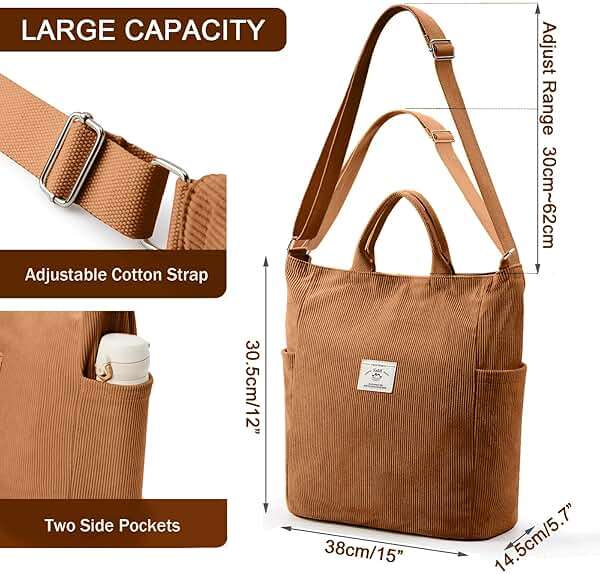 KALIDI Corduroy Tote Bag, Large Messenger Bag Shoulder Hobo Anti Splash Crossbody Zipper Bag Casual Work Shopping Women - Image 5
