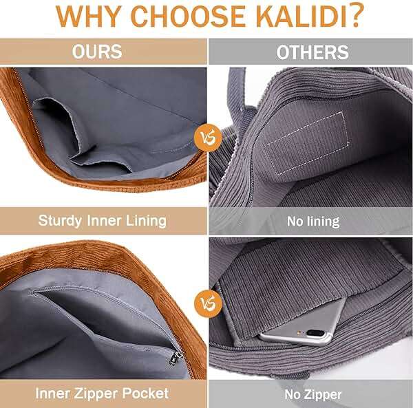 KALIDI Corduroy Tote Bag, Large Messenger Bag Shoulder Hobo Anti Splash Crossbody Zipper Bag Casual Work Shopping Women - Image 6