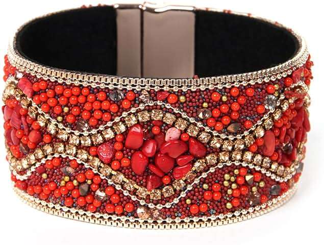 Caiyao Handmade Bohemian Natural Stone Rhinestone Bead Bracelet Bangle for Women Boho Wrap Faux Leather Gravel Seed Wristband Bracelet Ethnic Summer Beach Jewelery - Image 1