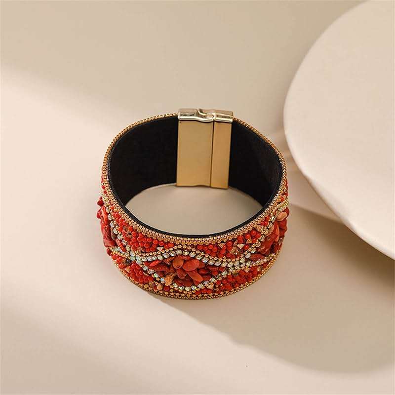 Caiyao Handmade Bohemian Natural Stone Rhinestone Bead Bracelet Bangle for Women Boho Wrap Faux Leather Gravel Seed Wristband Bracelet Ethnic Summer Beach Jewelery - Image 2