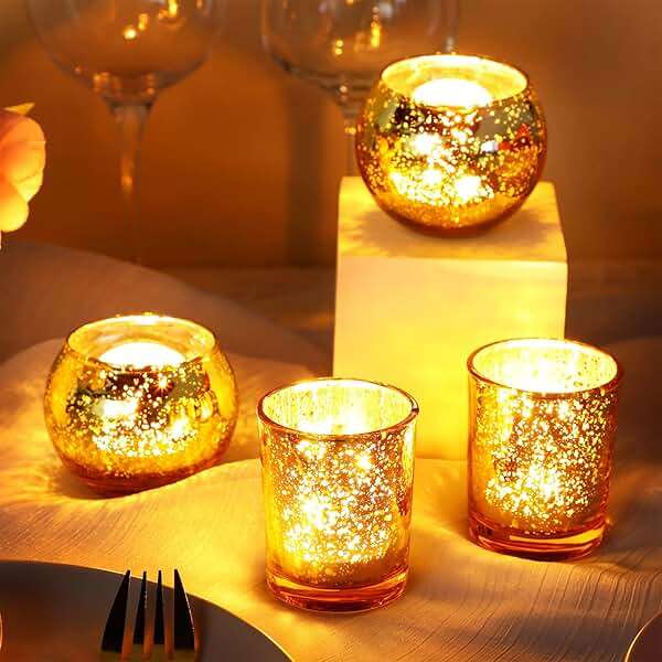 48 Pcs Votive Candle Holders Mercury Glass Candle Holder Tea Lights Candles Holders for Wedding Party Bridal Shower Anniversary Valentine's Day Table Centerpieces Decorations, 2 Styles (Gold) - Image 2